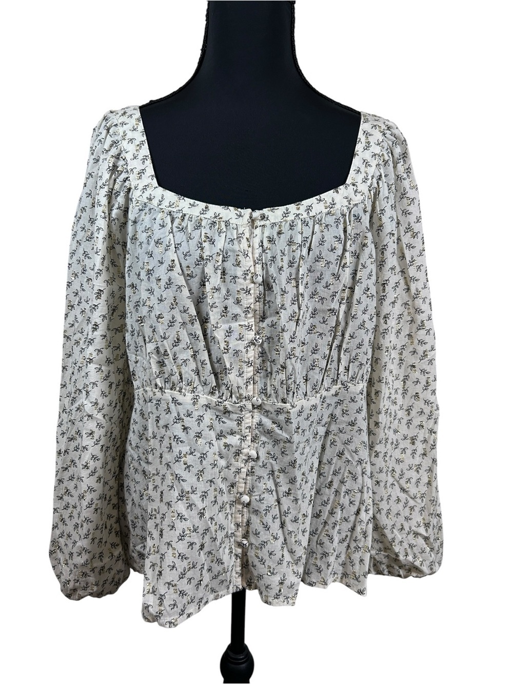 Old Navy Floral Metallic Square Neck Blouse Cream Sz L